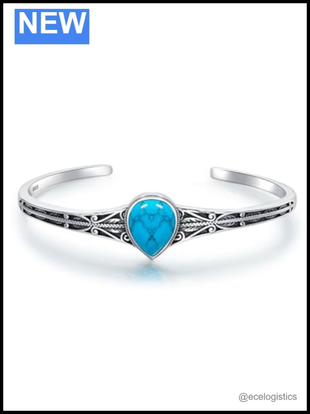 925 Sterling Silver Turquoise Teardrop Cuff Bracelet Adjustable